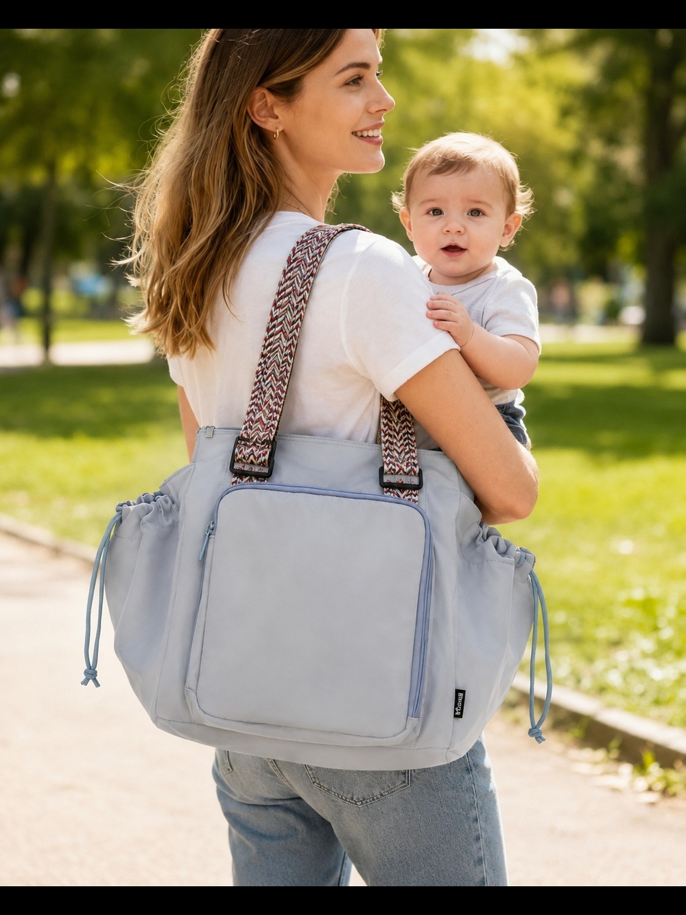 Light Blue Baby Diaper Bag Tote with Patterned Straps